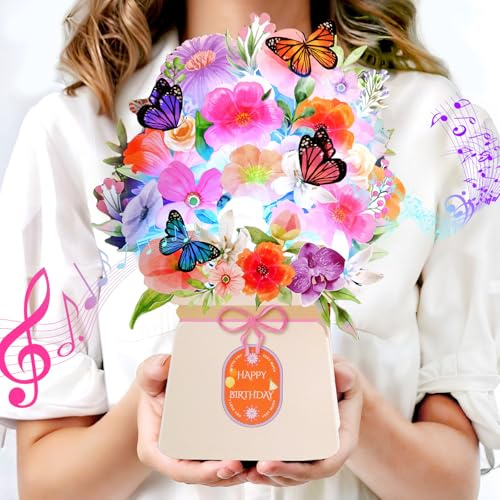 Geburtstagskarten, Happy Birthday Karte mit Licht und Musik für Frauen | Lilie und Schmetterlinge, Ewiger Blumenstrauß, 3D Pop-Up Geburtstagsgen für Frauen, Ehefrau, Mutter, Tochter