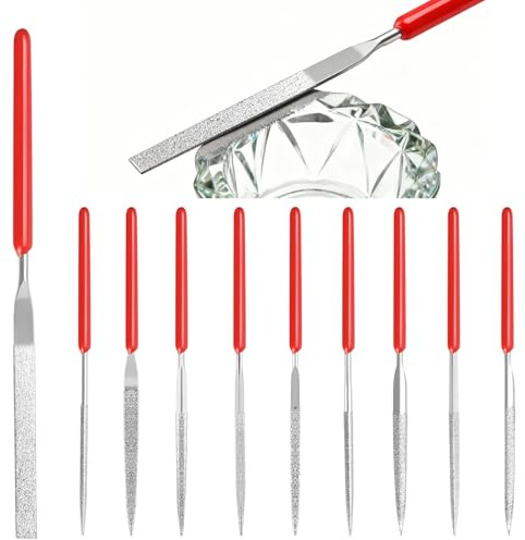 runxsam 10 pcs limas de aguja diamantadas 2×100 mm para metal/madera | Mini limas 2×100 mm; recubrimiento diamante; varios perfiles; mango antideslizante; para joyería/modelismo; con estuche.