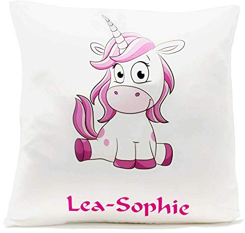 SL-Store GbR Kissen mit Namen Geburt Einhorn pink 40x40 cm inkl. Füllung Kuschelkissen, Kissen Farbe:Vorderseite weiß flauschig/RS weiß flauschig