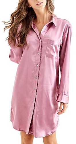 Chemise de nuit en satin à manches longues pour femme, chemise de nuit boutonnée, rose foncé, XL