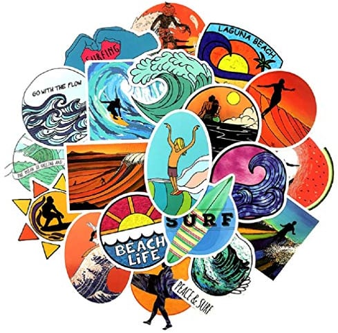Top Aufkleber ! Set von 50 Surfing Aufkleber Premium Qualität - Vinyls Stickers Nicht Vulgär – Surf, Beach, Graffiti - Anpassung Laptop, Gepäck, Motorrad, Fahrrad, Scrapbooking