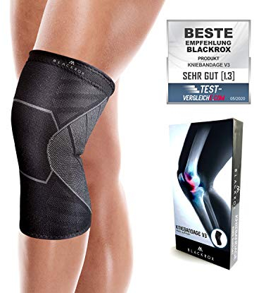 BLACKROX Kniebandage V3 Vergleichssieger Kniestütze Sport Damen Knie Bandage Herren Meniskus Joggen laufen Kompression Knieschoner, Volleyball, Rutschfest Atmungsaktiv kompressionsbandage (Schwarz, L)