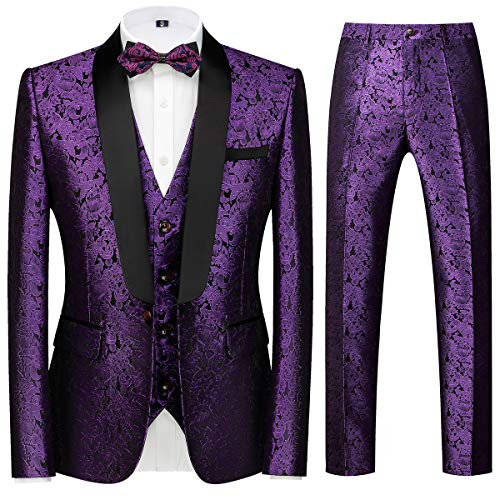 Abito da uomo 3 pezzi slim fit matrimonio business cena abiti da uomo giacca bottoni scialle risvolto blazer gilet pantaloni, Viola, M