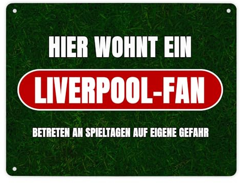 Hier wohnt ein Liverpool-Fan Metallschild XL in 21x28 cm mit Rasenmotiv Sportfan Liverpool England Sport Europa Blechschild Dekoschild