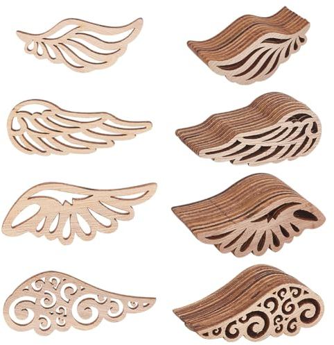 OLYCRAFT 80 Stück 4 Stile Natur Holzscheiben Engelsflügel Scheiben Holzflügel Aushöhlen Holz Verzierungen Holz Ornament Ausschnitte Holzausschnitte Streudeko Für Kunsthandwerk DIY Dekoration