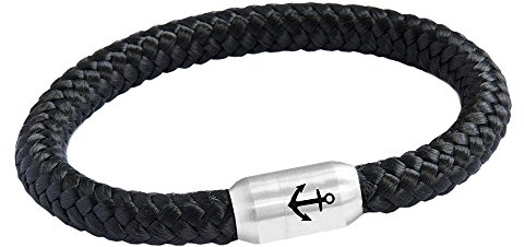 Paris Montana Das Original Anker Gravur Unisex Segeltau Armband Geflochten Handmade Hochwertiger Magnetverschluss 8mm Durchmesser (Schwarz, 19.00 CM)