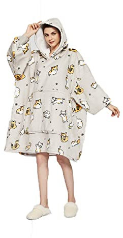 iyoimono Hoodie Decke für Damen Flanell Fleece Pullover Sweatshirt Decke Flauschige Sherpa TV-Decke mit Ärmeln Übergroße Kapuzen Pullover Kuscheldecke Einheitsgröße(Graue Katze)
