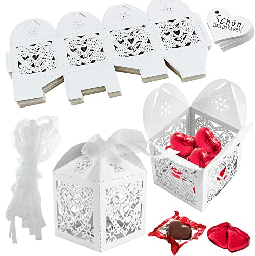 Hochzeit Geschenkbox Süßigkeiten Kasten Gastgeschenke Schachtel 50 Stück Weiß Geschenkboxen Bonbon-Box mit Farbband für Tischdeko Hochzeit Hochzeitstag (5x5x8cm)