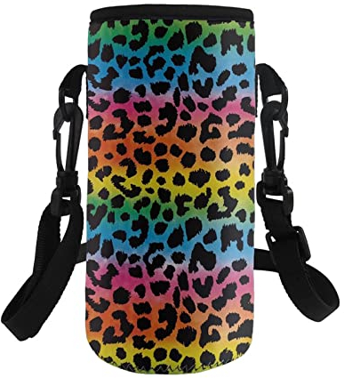 COEQINE Water Bottle Carrier Holder with Adjustable Shoulder Strap Insulated Bottle Bag Case Pouch Cover with Colorful Leopard Pattern for Kids Adult Hiking School Travel