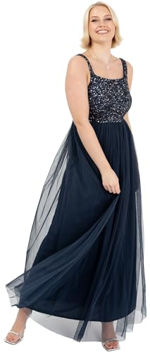 Maya Deluxe Damen Maya Deluxe Women's Maxi Wide Straps Sleeveless Square Neckline Embellished for Wedding Guest Bridesmaid Dress, Navy, 46 EU