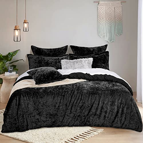 PHF Samt Bettwäsche 155x220, Luxus Flauschig Bettwäsche 155x220 cm mit 2er Kissenbezüge 80x80 cm, Kuschel Velvet Bettbezüge, Schwarz