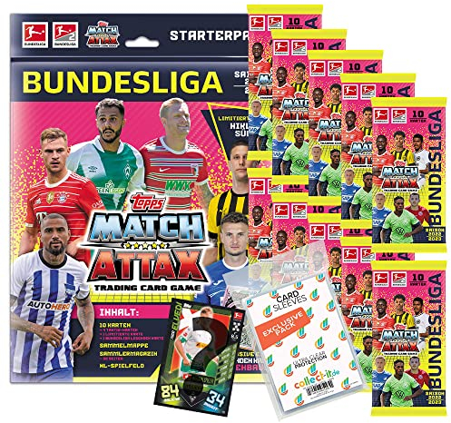 Bundle mit Topps Match Attax Bundesliga Trading Cards - 1 Starter + 10 Booster + Exklusive Collect-it Hüllen (2022/23)