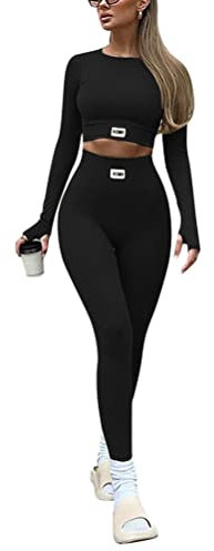 Onsoyours Damen Sportanzug Trainingsanzug Jogginganzug 2 Teilig Bauchfrei Crop Top +Push up Leggings Sportbekleidung Set Yoga Outfit Freizeitanzug A Schwarz S