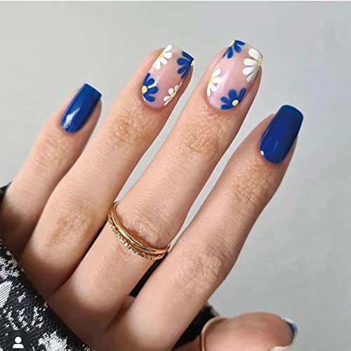 24Pcs Press On Nails - Blue Short Length Fake Nails - Square False Nails with Glue - Fashion Flower Pattern Fake Nails for Women Girls