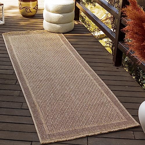 Livabliss Outdoor Teppich wetterfest, Sydney - In und Outdoor Teppich für Balkon 78x213 cm, Terrasse, Garten, Küche - Outdoor Teppich Boho Style, Teppich für draußen - Teppich Dunkelbeige und Schwarz