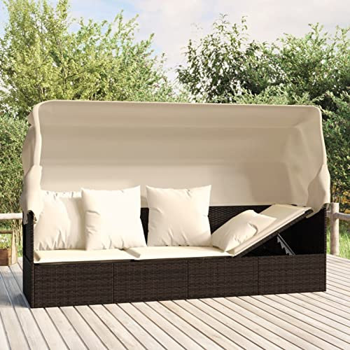 Homgoday Gartensofa mit Sonnendach und Kissen Gartenliege mit Sonnenschutz Sofabett Sonnenliege Sofa Bett Gartenliege Gartenmöbel Gartensofa Braun und Cremeweiß Poly Rattan