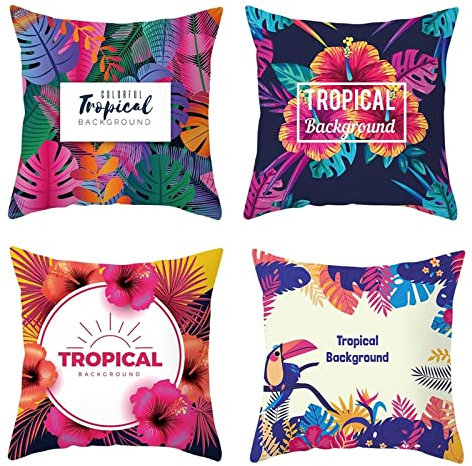 Whoiy Kissen 40X40 Bezug Lila, Dekokissen Klein Polyester Zierkissenbezüge 4Er Set Tropischer Hintergrund Vogel-Blumen-Blätter