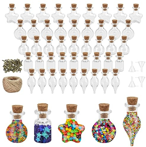 REFORUNG 50 Stk Mini Glasflaschen Mit Korken Kleine Glasflasche Glas Wunschflaschen Fläschchen Reagenzglas Gewürzgläser Glasbehälter mit Augenschrauben Schnur Trichter für DIY Basteldekoration Party