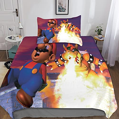 Super Mario Bettwäsche Set Mit Weiche Mikrofaser,Kinder Jugendliche Erwachsene Mario Luigi Yoshi Bowser and Toad 3D Gedruckte Bettbezüge Weiche Bettbezug Und Mit Reißverschluss Kissenbezug Single(