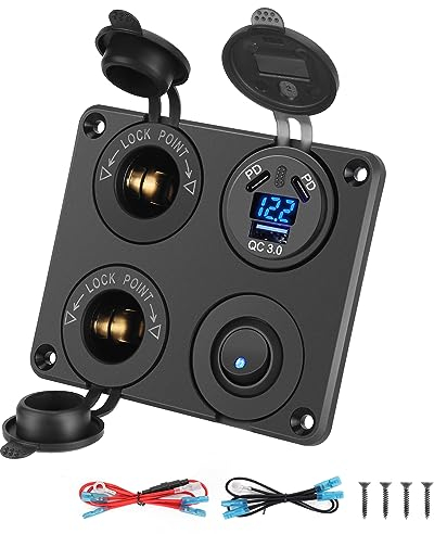 Thlevel 12V Cargador de Coche Panel 45W PD Tipo C y 18W QC3.0 USB Encendedor de Cigarrillos LED Voltímetro Digital con Interruptor de Encendido Apagado para Barco Camión Caravana
