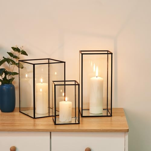 Phosphor Kerzenhalter aus Glas, Set mit 3 Stück, groß, quadratisch, Schwarze Laternen, dekorativ für Stumpenkerzen, Innenkerze