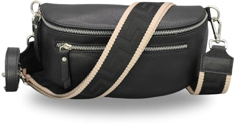 BRISE Bauchtasche Damen Echtes Leder Lucia Handgemachte Umhängetasche Crossbody Bag mit Ledergurt + Optionalen Breiten Gemusterten Riemen 3 Fächer Stylische Hüfttasche Made in Italy (Schwarz - 3)