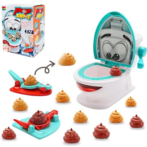 ICEBLUEOR Creative Toilet Poop Shoot Game - Stress Relief Toy With 1 Toilet, 2 Launchers, 12 Soft Poops, 1 Sticker - Family Gifts for Kids 4-8 Years Old