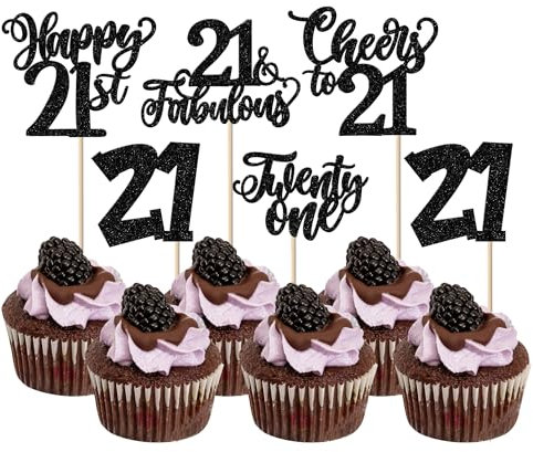 SYKYCTCY 30 Pack Happy 21st Birthday Cupcake Toppers Glitter Twenty-One Cheers to 21 Fabulous Cupcake Picks Decorations for Anniversary Party Supplies Black