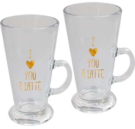 eBoutik - Set of 2 Valentines Day Latte Glass for Him & Her - “I Love You A Latte” Coffee 300ml Drinking Cup - Engagment, Anniversary, Birthday Mug's Tea, Espresso, Coffee, Latte
