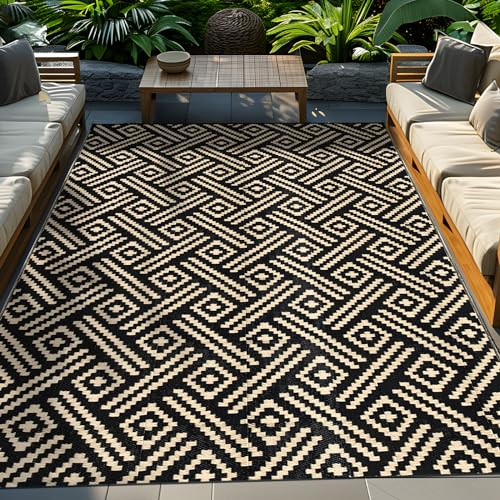 ROCYJULIN Outdoor-Stroh-Teppich aus Kunststoff, 1,5 x 2,4 m, Outdoor-Teppich für Terrasse, wasserdichter Outdoor-Teppich für Camping, Deck, Wohnmobil, Balkon, Veranda, Hinterhof, wendbarer