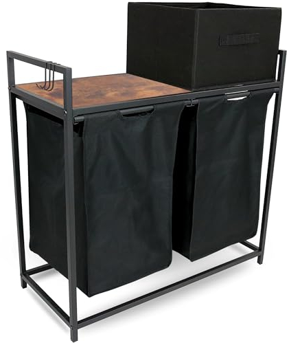 holz4home® Wäschekorb 2 Fächer Vintage I Mit Ablage & Wäschebox ausziehbar I Wäschebox Badezimmer I Wäschesack aus Oxford-Gewebe 92 L