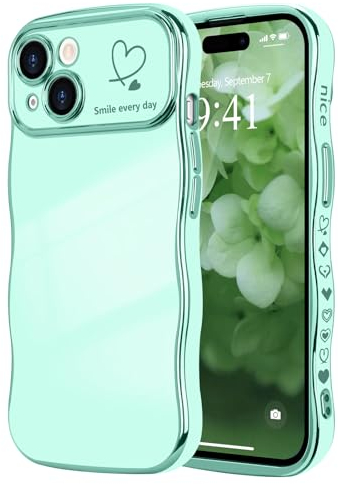 LCHULLE for iPhone 15 Plus Case for Women Girls,Cute Curly Wave Frame Shape Love Heart Pattern Phone Case,Raised Camera Protection Plating Shockproof Cover for iPhone 15 Plus 6.7,Light Green