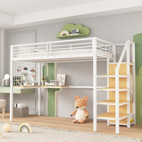 Dolamaní Hochbett Erwachsene 90x200 cm, mit Schreibtisch und Schrank und Regal-Treppe mit Handlauf, Metallbett Kleine quadratische Netzstreifen an den Seiten (Weiß+Natur)