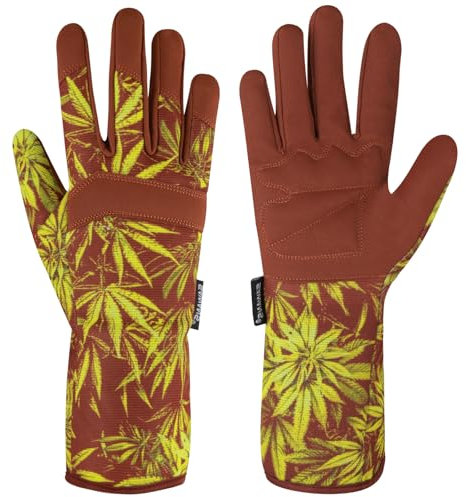 SAWANS Gardening Gloves Ladies Men/Women Microfiber Leather Long Forearm Durable Breathable Thorn Proof Gardener Safety Work Spandex Sleeves Rose Pruning Gift (Long Brown, L)