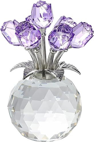 Crystal Purple Rose Bouquet Figurine - Premium Glass Flower Ornament with Gift Box - Perfect for Mother's Day, Birthday, Anniversary, Wedding - Elegant Home Decor, Collectible Gift (13cm tall)