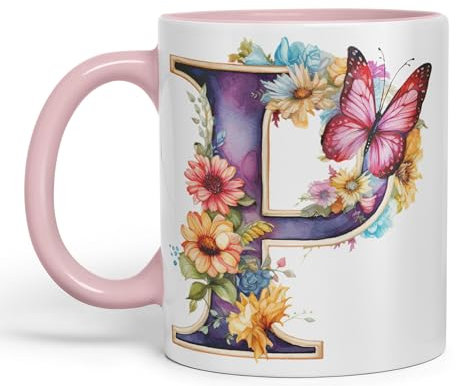 Vixar Letter P Mug, Floral Flowers Butterfly Alphabet Letter P Monogram Watercolour Ceramic Coloured Mug Cup for Tea Coffee Hot Brew 330ml 11Oz (Pink)