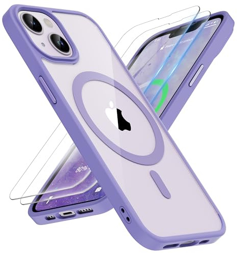 ORETECH für iPhone 14 Hülle mit 2 Schutzfolie, Helles Violett | Kompatibel mit Mag Safe,Stoßfest Kratzfest Transparent Rückseite Handyhülle für iPhone 13/14