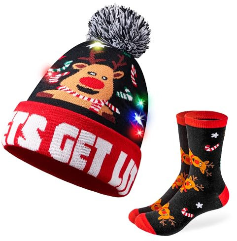 Giggling Getup Weihnachtsmütze für Erwachsene, leuchtende Weihnachts-Rentier-Mütze mit Rundhalssocke für Damen, warme Strickmütze