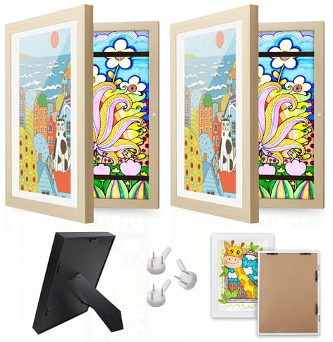 Krobby Lot de 2 cadres pour enfants avec ouverture et fermeture magnétiques pour 150 dessins en bois Motif bois 21 x 29,7 cm
