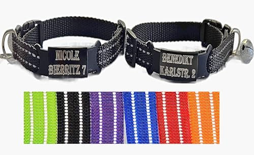 2X personalisiertes Katzenhalsband personalisiert mit Name graviert Katze Halsband reflektierend Leuchtend aus Nylon mit Glöckchen (Schwarz und Schwarz)