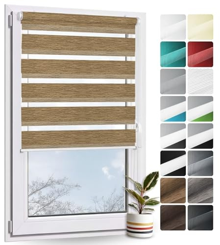 Rollmayer Doppelrollo Klemmfix ohne Bohren Holzlook Gold B95 x H130cm | Klemmrollo Fensterrollo Duo Rollo Sonnenschutzrollo Zebrarollo Seitenzugrollo für Fenster und Tür