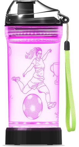 OkiyiD Soccer Gifts for Girls, Light Up Kids Water Bottle,Soccer Accessories for Girls Sport Cup with 3D Glowing LED Light - 14 OZ Tritan BPA-Free - Gifts for School, Camping, and Holidays