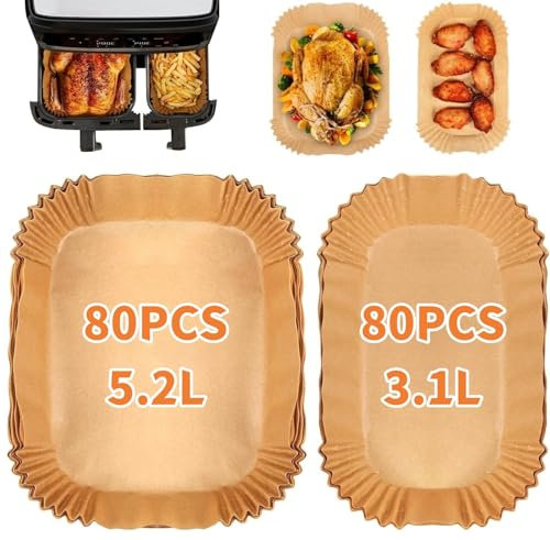KAHEIGN 160Pcs Disposable Paper Air Fryer Liners for Tefal 5.2L & 3.1L Dual Air Fryer, Parchment Paper Fryer Accessories for Tower/Lakeland/Salter and Other Large & Small 2 Drawer Basket Air Fryer