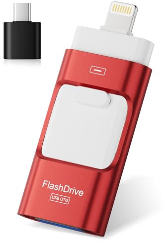 ROSPE USB Stick 256 GB für iPhone, MFi-zertifiziertes 4-in-1 Speicherstick mit USB 3.0, Lightning, USB-C & Micro-USB, kompatibel mit iPhone/iPad/Android/PC, USB 3.0 High-Speed Memory Stick, Rot
