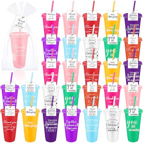 Kaxtde 30 Pcs Thank You Coffee Cups with Lid and Straws, 710 ml Plastic Appreciation Mugs Bulk, Reusable Inspirational Cup for Employee, Coworker, Staff, Nurses, Teacher Christmas Gifts (10 Colors)