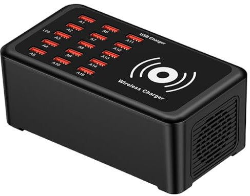 Multipuerto USB Charger, Wireless Charging Hub, Station Dock, 2,28 x 5,83 pulgadas, 15 puertos Fast Charge Output 100 w Compact Organizer for Office Desk, Home Setup, Travel Convenience