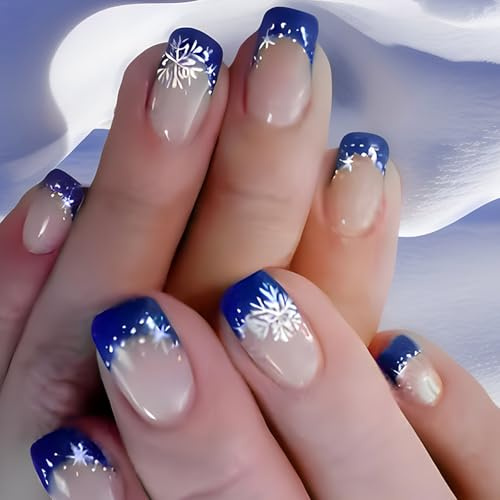 24 Pièces Thème D'hiver Court Carré Presse De Noël Sur Les Ongles Brillant Français Pointe Flocon De Neige Faux Décoration Pour Les Femmes À La Mode Conseils