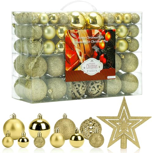 Aitsite 101 Stück Christbaumkugeln Gold Weihnachtskugeln 6CM/4 cm/2 cm Kunststoff Christbaumschmuck Wandbehang Ornamente Weihnachtsbaum Kugeln Flitter Tür Dekorationen Festival Dekore B