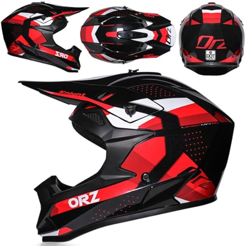 Motorradhelm Fullface Damen Herren Downhill Motocross Helm Mopedhelm Motorrad Downhill Full Face Helm Mit Brille Maske Handschuhe, Für MTB Cruiser BMX Quad ATV Off-Road Enduro,Red~2-S/52~53cm