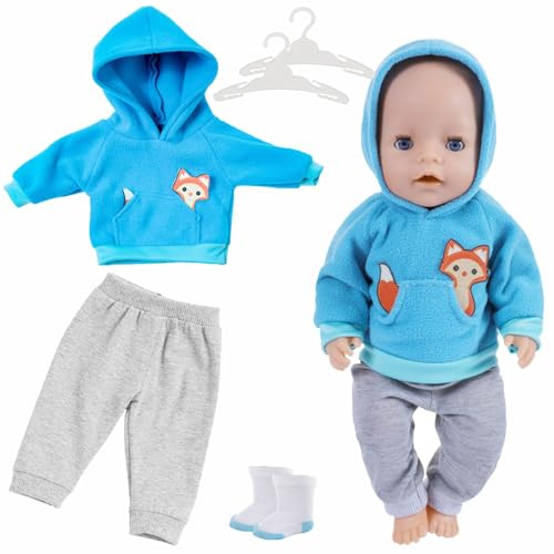 Puppenkleidung 35-45cm,Kleidung Outfits für Baby Puppen,Puppen Kleidung für 43 cm,Puppenkleidung Set,Puppenkleider Inklusive Blauem Sweatshirt,Grauer Hose,Socken,Kleiderbügel(Blauem)